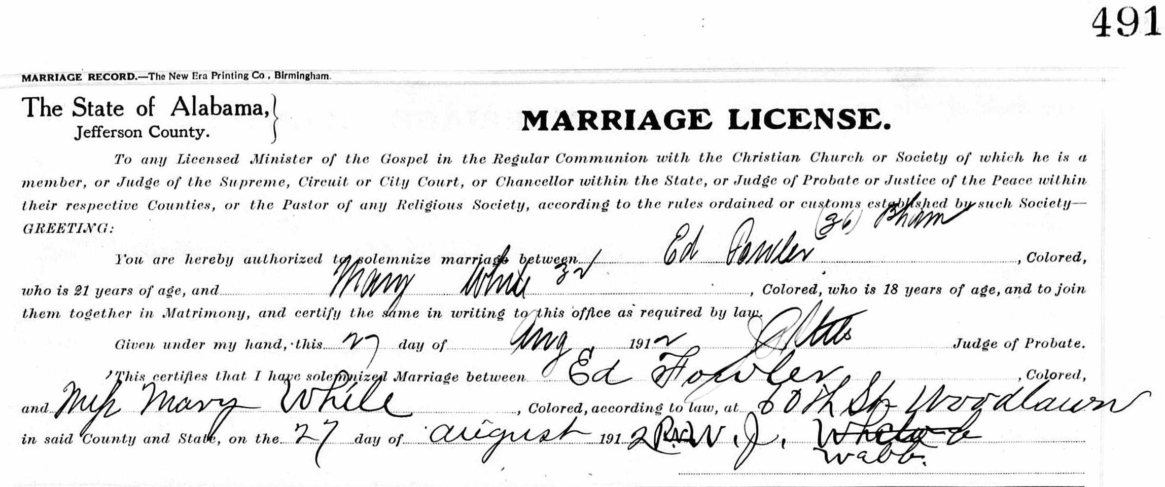 Ed Fowler marries Mary White Aug 27, 1912